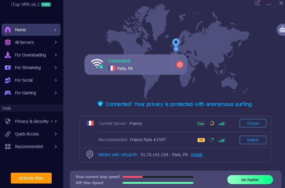 iTop VPN freeware screenshot